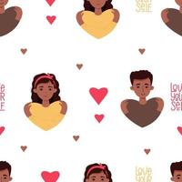 Seamless pattern with black couple of people. An ethnic girl with long hair and young man hug their shoulders . Vector illustration. concept Love yourself