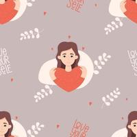 Seamless pattern with cute girl hair hugging herself light purple background with hearts and leaves. Vector illustration. Love yourself and find time for yourself and care for decor, wallpaper