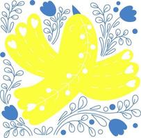 postal ucraniana con pájaro amarillo con corazón en el fondo con patrón floral.ilustración vectorial. tarjeta cuadrada en colores de bandera ucraniana para decoración, diseño, impresión vector