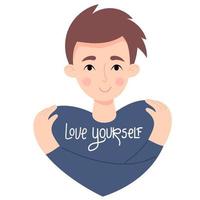 Love yourself. handsome young guy with haircut hugs himself. Concept Love yourself and find time for yourself and care. Vector illustration. Cute male character in flat style for decoration, design