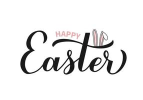 Happy Easter calligraphy hand lettering with cute bunny ears isolated on white. Easter celebration typography poster. Easy to edit vector template for party invitation, greeting card, banner, sticker