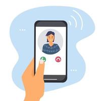 A hand holds a smartphone with an incoming call. Portrait of a person from contacts on the phone screen. Mobile applications and Internet technology vector