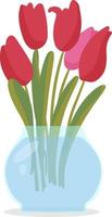 A greeting card. Bouquet of red tulips with leaves in a round glass vase vector