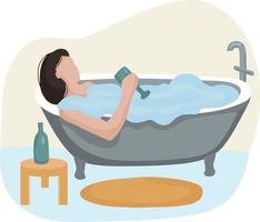 mujer relajándose en el baño con una copa de vino. relajarse después de un día de trabajo. vector