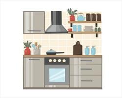 Kitchen interior with modern furniture and appliances. Flat style refrigerator, stove and hood. Cookware and kitchen utensils vector
