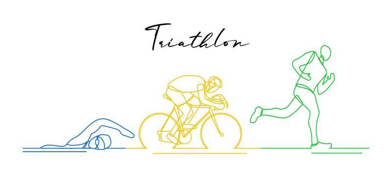 Triathlon. Linear hand drawn athletes. Competition in swimming, cycling and running