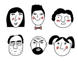 Vector set of portraits of people. Cartoon funny minimalistic characters. Contoured doodles of people's faces with different emotions and moods. Avatar for social networks