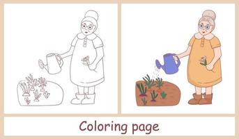 Cute female character. Grandmother with a watering can watering a flower in the vegetable garden. Line Art. Coloring for children and color picture for example. vector