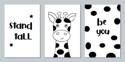 conjunto de carteles monocromáticos escandinavos con animales y subtítulos. arte de pared en blanco y negro para decorar la habitación de un niño vector