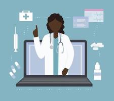 A black American woman doctor talks to a patient online. Video communication and messages. Medical consultations, exams, treatment, services, health care, conference online vector