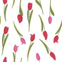 Seamless Botanical Pattern. Red tulip flowers with leaves. vector