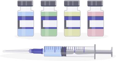 Syringe and vials of drugs. Flu vaccination, coronavirus, anesthesia, cosmetic injections in cosmetology. Treatment and protection against viral diseases. vector