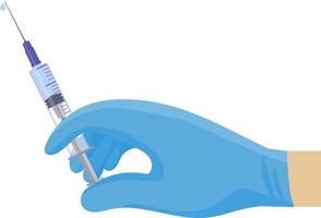 A syringe of medicine. Physician's hands in blue protective medical gloves. Flu vaccination, anesthesia, beauty injection in cosmetology.
