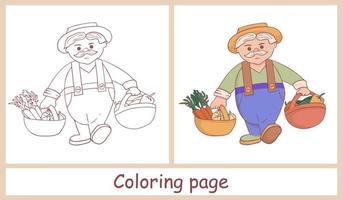 Cute farmer character. Grandpa with two baskets of crops. Harvesting vegetables. Line art. Coloring for children and color drawing for example vector