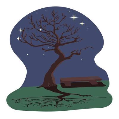 Silhouette of a dry old tree and a beautiful shade. Trunk and branches without leaves on the background of the night sky with bright skies. Next to the wooden bench