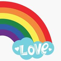 Vector illustration of LGBT community. Multicolored rainbow on a cloud. Love lettering. LGBTQ symbols and colors. Human rights and tolerance. Happy Pride Month