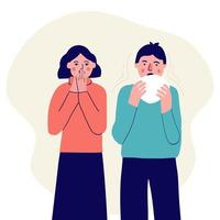 A group of people with the first signs of illness. Symptoms of a viral or cold illness. Vector flat characters with headache, cough and runny nose and high fever