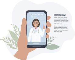 The doctor on the cell phone screen talks online with the patient. Video communication and messages. Medical consultations, exams, treatment, services, health care, conferences online. vector