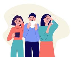 A group of people with the first signs of illness. Symptoms of a viral or cold illness. Vector flat characters with headache, cough and runny nose and high fever