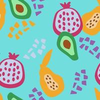 Abstract seamless drawing. Hand-drawn fruit in a simple shape. Fresh pomegranate , papaya and avacado. vector