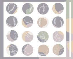 Set of vector covers of subjects with abstract backgrounds. Different shapes, lines and doodles. Designs round icons for social media stories.