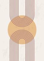 Abstract poster with geometric shapes and lines. Rainbow print and sun circle, boho style. vector