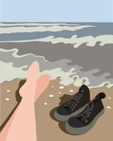 sea abstract landscape. women's feet on the beach. sneakers on the sand. recreation and tourism concept. Ocean waves, blue sky and resting people vector