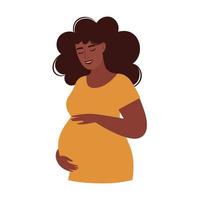 Happy woman expecting a baby. Pregnant woman with tummy. Concept of pregnancy and motherhood. Flat vector illustration.