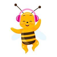 abeja linda escucha música con auriculares aislados en fondo blanco. personaje de dibujos animados sonriente bailando. vector