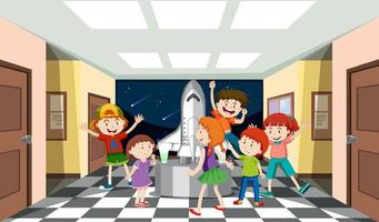 Astronomy theme with many kids and spaceship vector