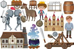 Medieval characters buildings set vector