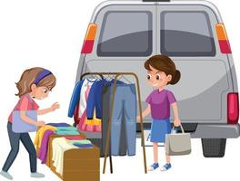 Girls shopping clothes at yard sale vector
