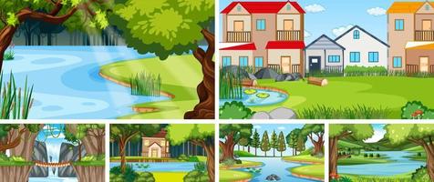 Nature scene with many trees and river vector