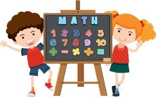 Math classroom objects with supplies and students vector