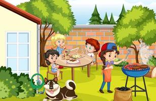 Scene of backyard with kids and fence vector