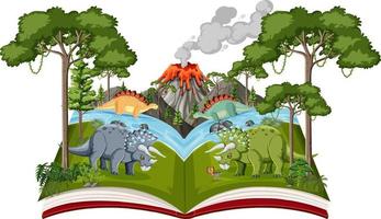 libro con escena de triceratops junto al río vector