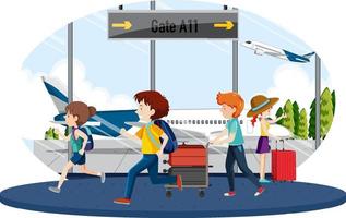 Tourists running in terminal airport scene vector