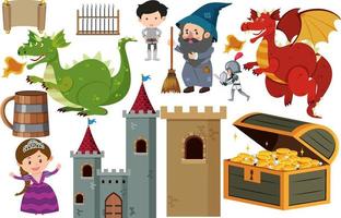 Medieval characters buildings set vector