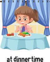 English prepositions of time with kid dinner  scene vector