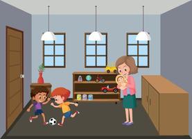 Living room scene with family members in cartoon style vector