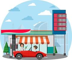 Gas station scene on white background vector