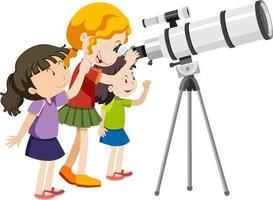 Three girls looking through telescope vector