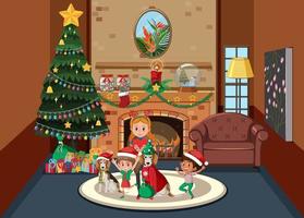 Christmas holidays with happy children at home vector