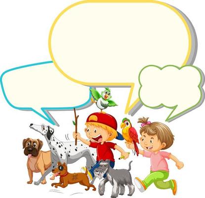 Speech bubble template with kids and pets