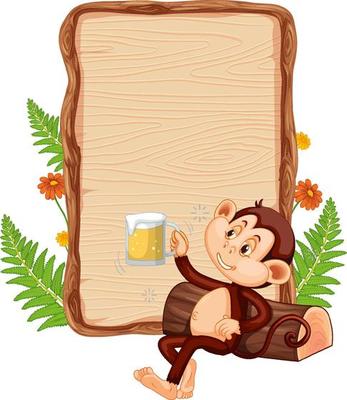 Blank wooden signboard with cute monkey