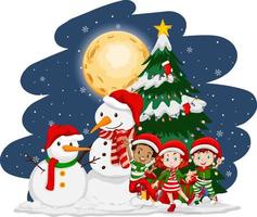 Christmas night with happy children in Christmas costumes vector