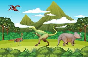 escena de la naturaleza con árboles en las montañas con dinosaurio vector