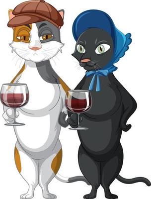 Cats standing and drinking wine on white background