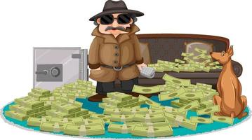 A robber cartoon character with banknotes stack vector