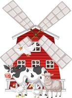 muchos animales de granja y granero rojo vector